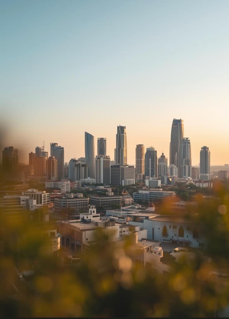 City skyline at golden hour framed by foliage