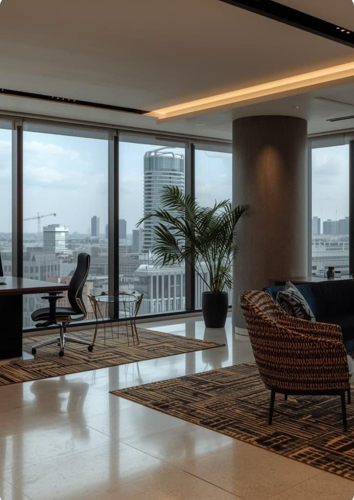 Executive lounge overlooking a city skyline